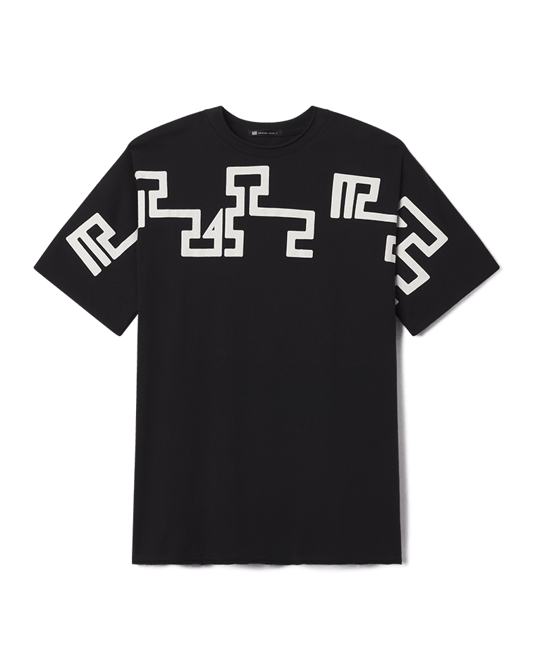 Black crewneck tee with large white geometric graphic on the front.