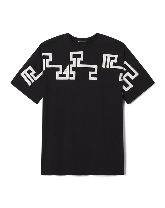 Black crewneck tee with large white geometric graphic on the front.