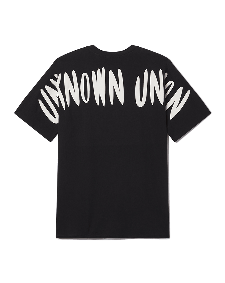 Black crewneck tee with large white “UNKNOWN” text graphic across the back.