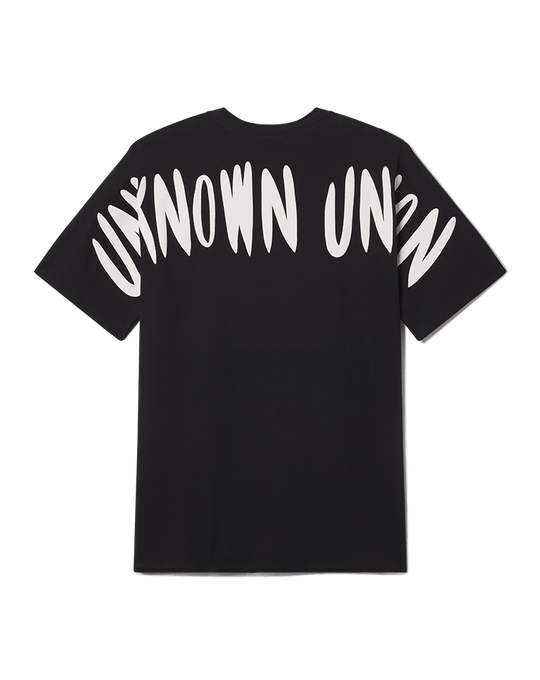 Black crewneck tee with large white “UNKNOWN” text graphic across the back.