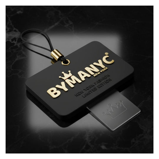 BYMANYC New York hang tag with black card and gold logo