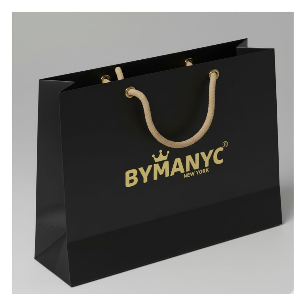 BYMANYC shopping bag with gold logo print and rope handles