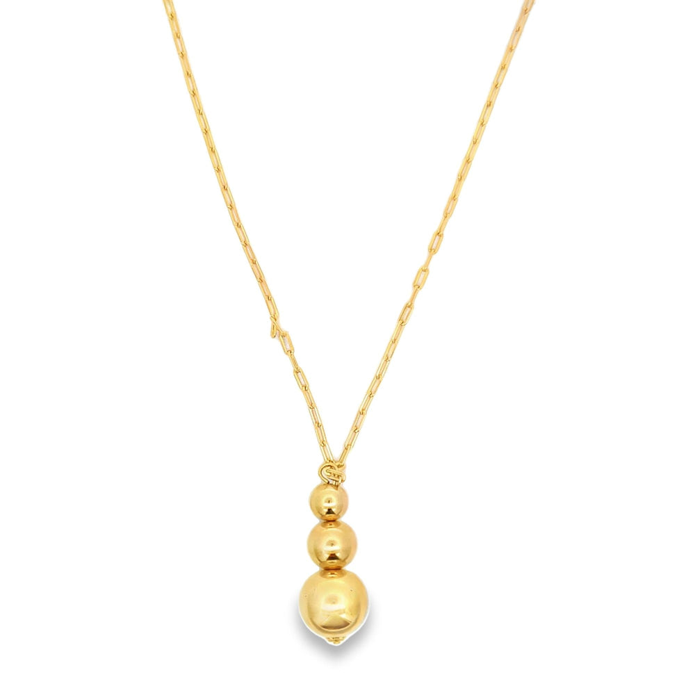 Dangle three-bead paper clip chain necklace, gold heart pendant drop