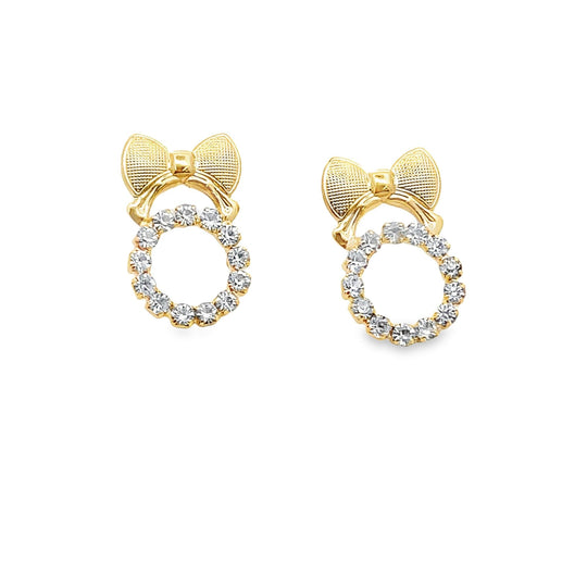 Front view CZ bow stud earrings: gold-tone bow and round crystal ring