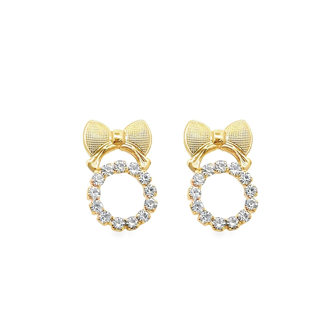 CZ bow stud earrings: gold-tone bow with circular halo of clear stones