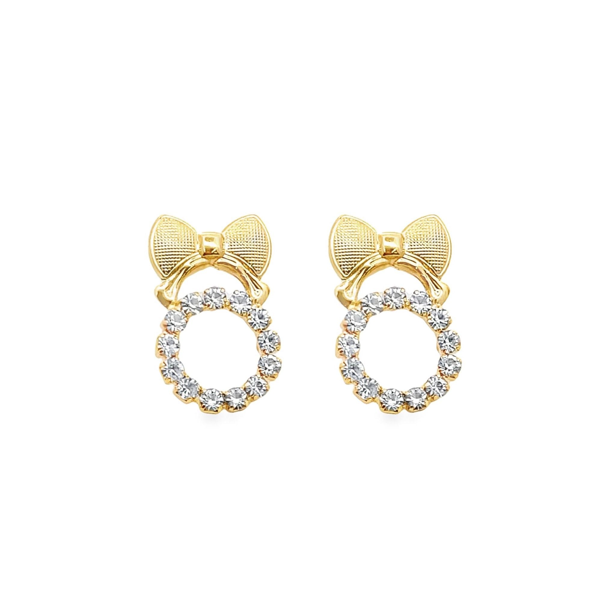 CZ bow stud earrings: gold-tone bow with circular halo of clear stones
