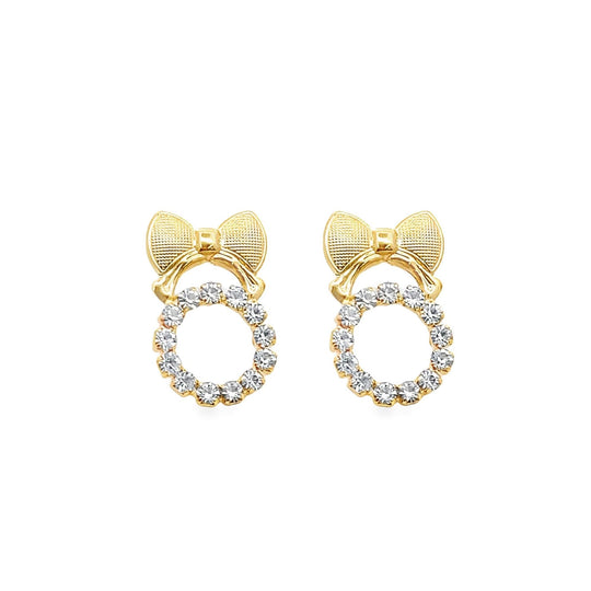 CZ bow stud earrings: gold-tone bow with circular halo of clear stones