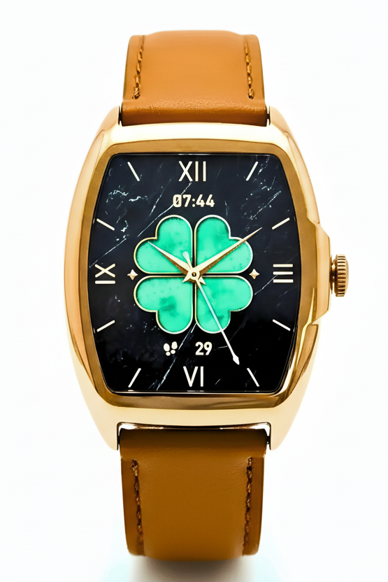 Dapper Mil-e smartwatch with tan leather strap and green clover dial