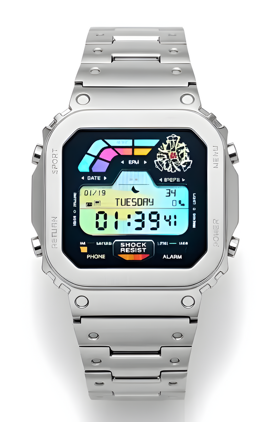 Silberfarbene Smartwatch mit rechteckigem Display und Metallgliederarmband