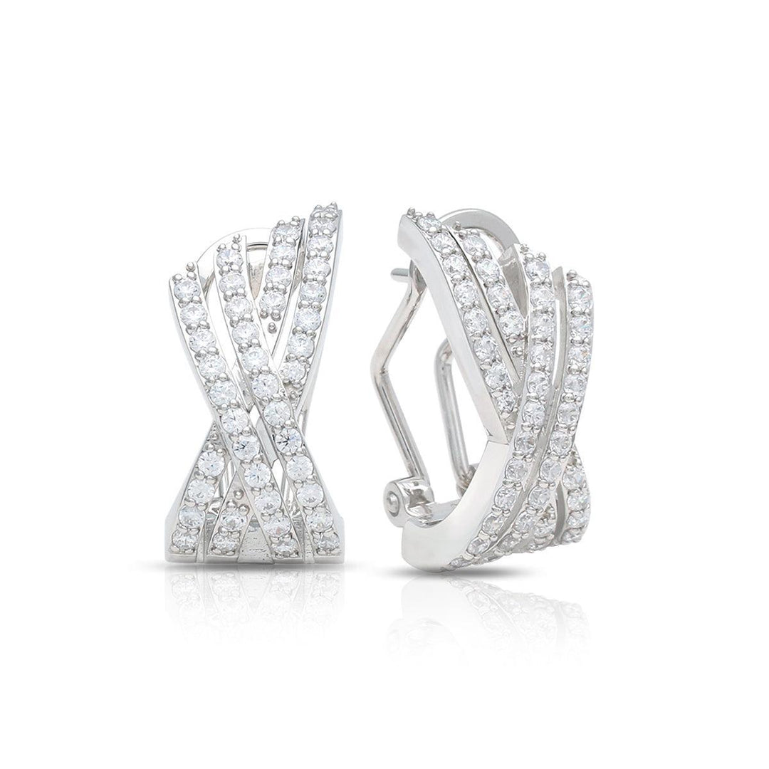 Tresse earrings in silver tone with white pavé stones, X-cross hoop design