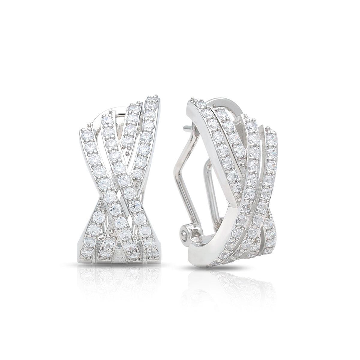Tresse earrings in silver tone with white pavé stones, X-cross hoop design