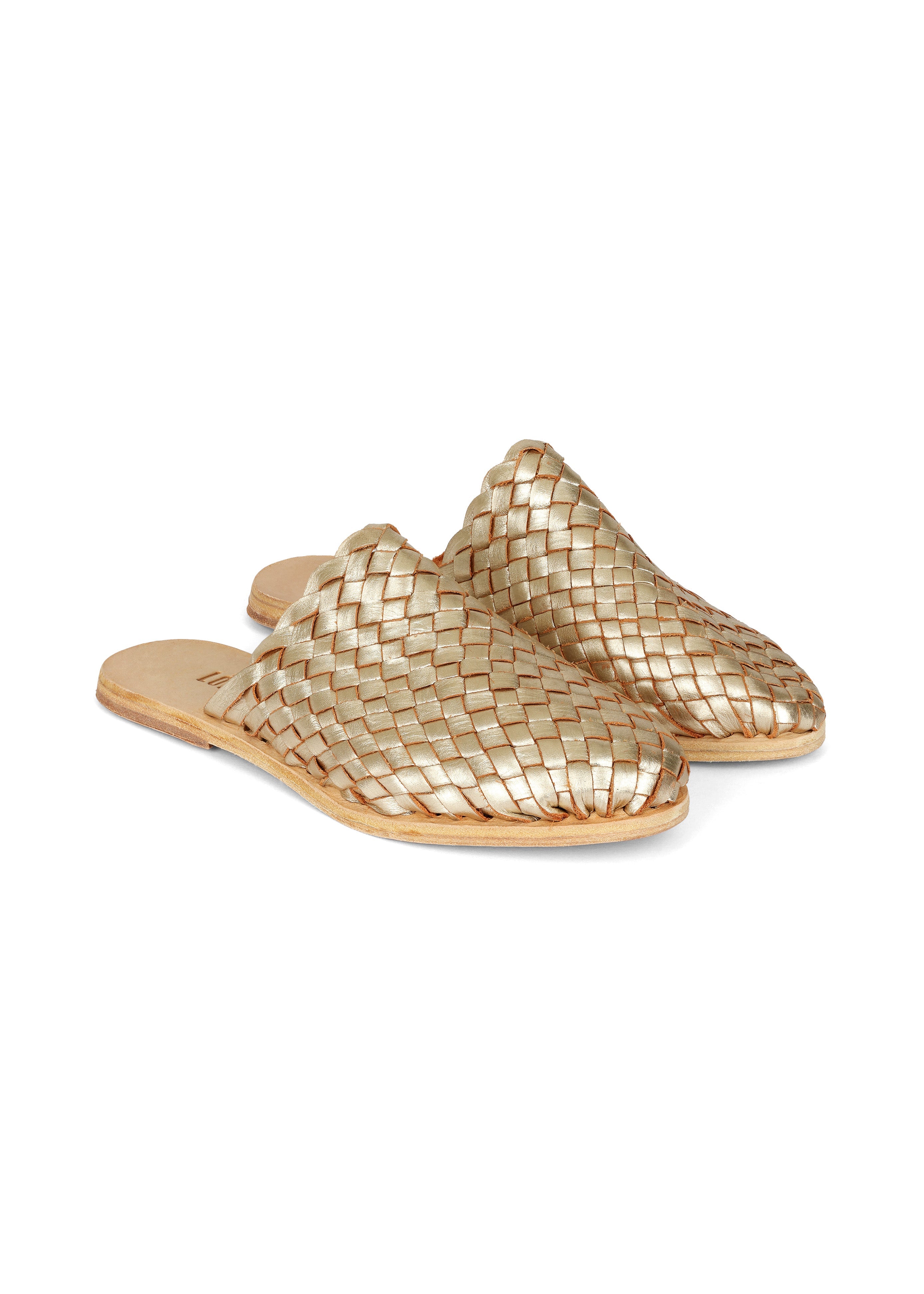 Gold woven leather slip-on slides with braided strap crossover