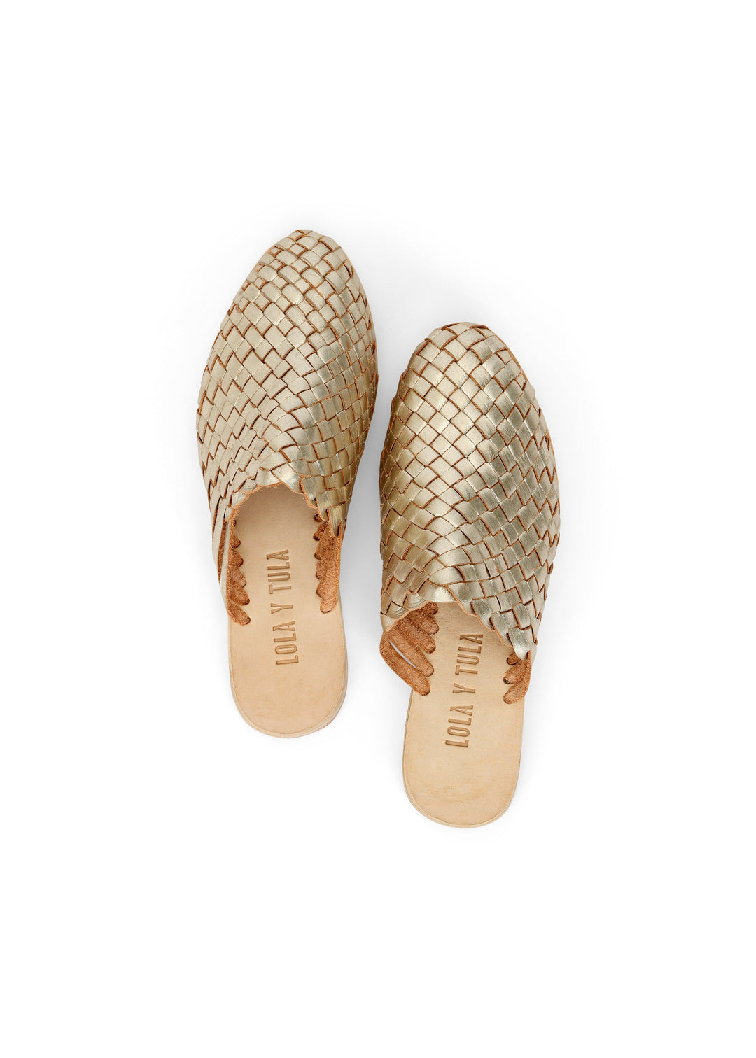 Gold woven leather slide sandals with rounded toe and visible insole branding