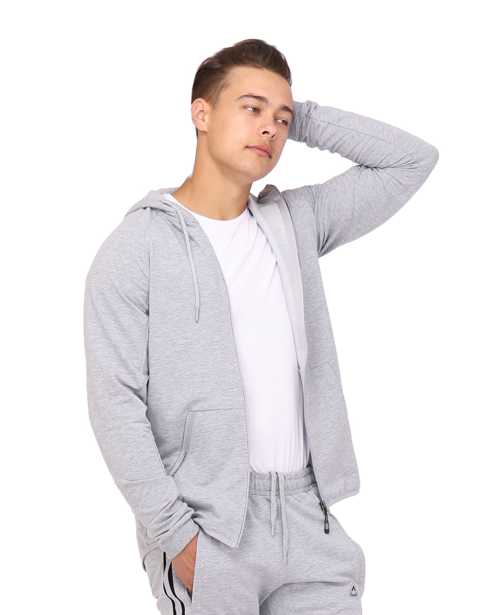 Heather grey slim-fit zip hoodie with drawstring hood and front pouch pocket