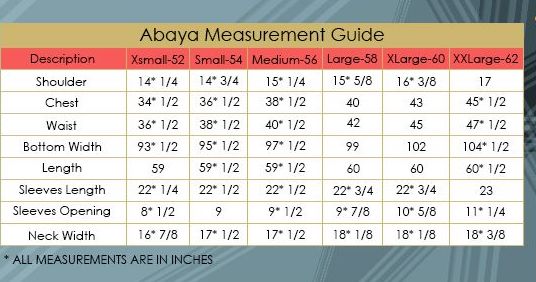 Abaya measurement guide with size chart for XSmall to XLarge-62