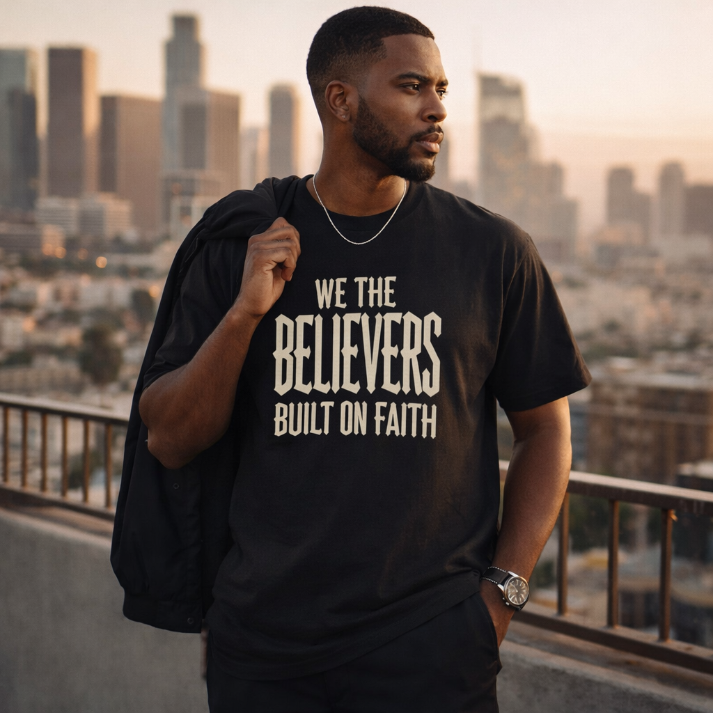 We The Believers T-Shirt (schwarz): Frontprint „WE THE BELIEVERS BUILT ON FAITH“