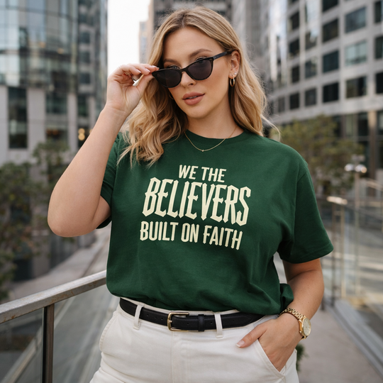 We The Believers T-Shirt (grün): Schriftzug „WE THE BELIEVERS BUILT ON FAITH“