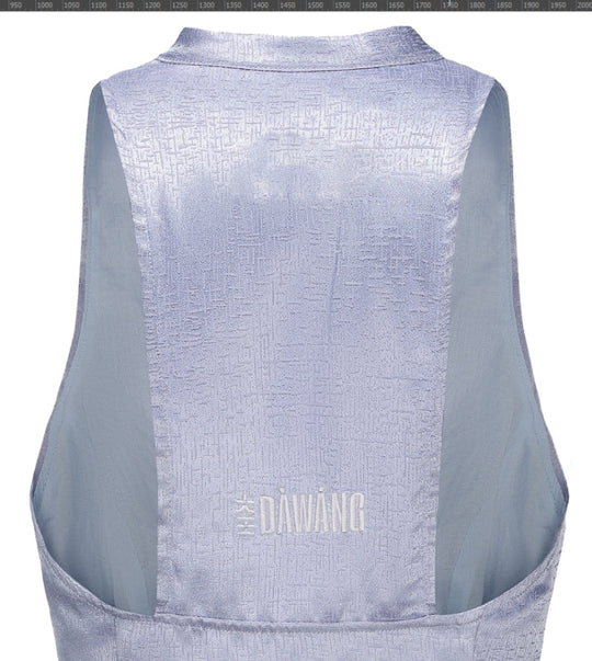 Periwinkle brocade mini dress back panel with high neckline