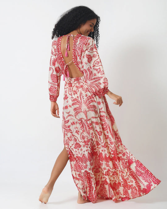 West Palm Beach dress, red-and-white printed maxi with tiered skirt and V-neck