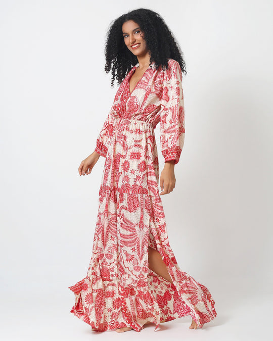 West Palm Beach dress with long sleeves, drawstring waist and flowing tiered hem