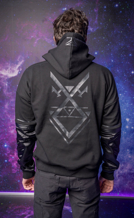 Back view of black Wild Hoodie with large geometric symbol