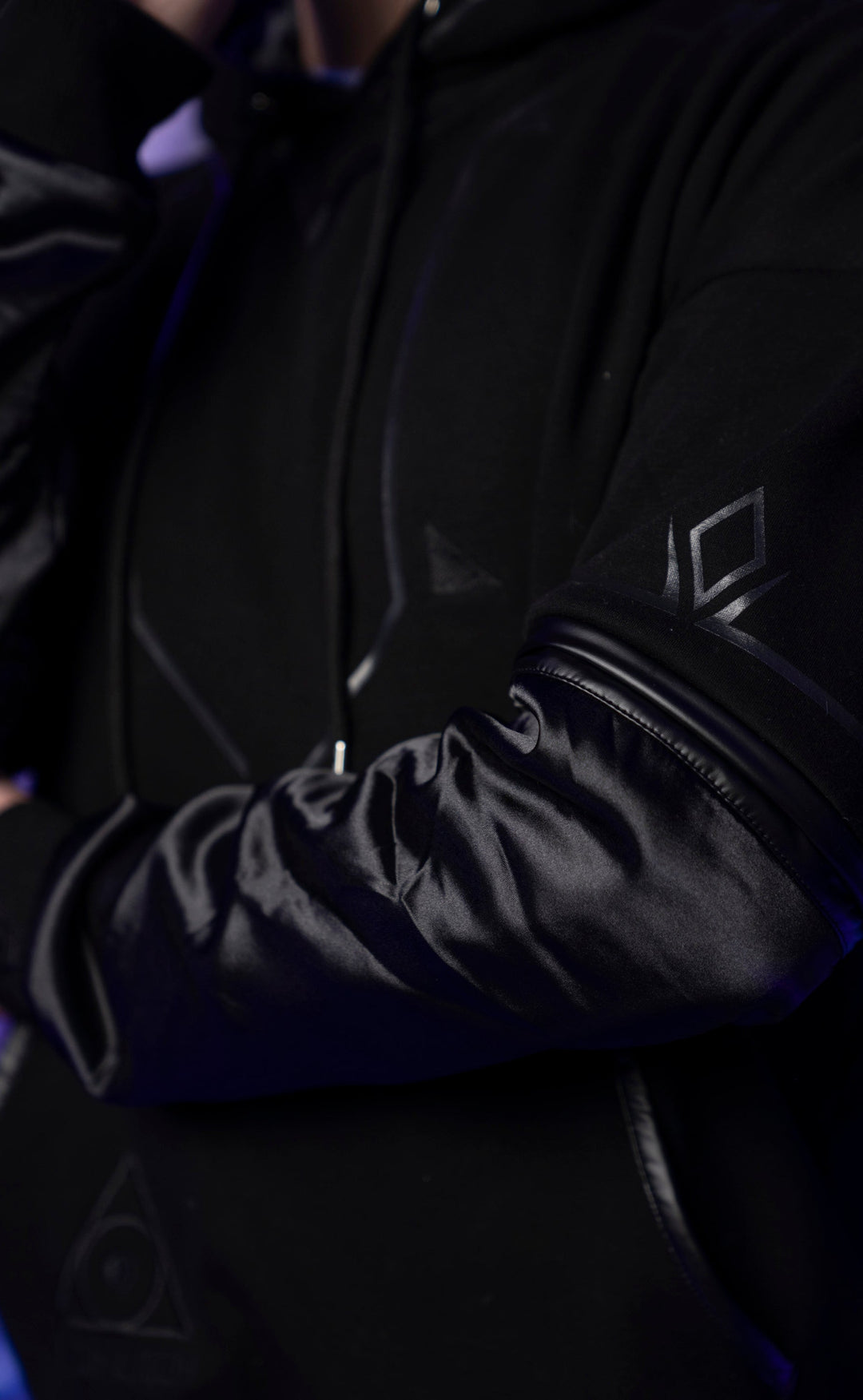 Close-up of black Wild Hoodie sleeve and chest logo patch