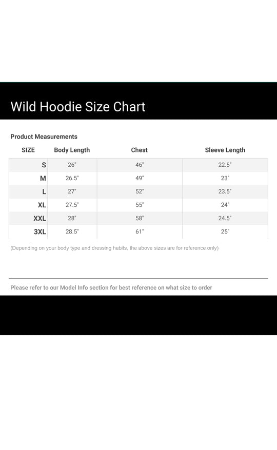 Wild Hoodie size chart: body length, chest, sleeve length by size
