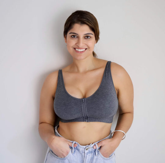 Grey Meadow front-closure cotton bralette with center zipper