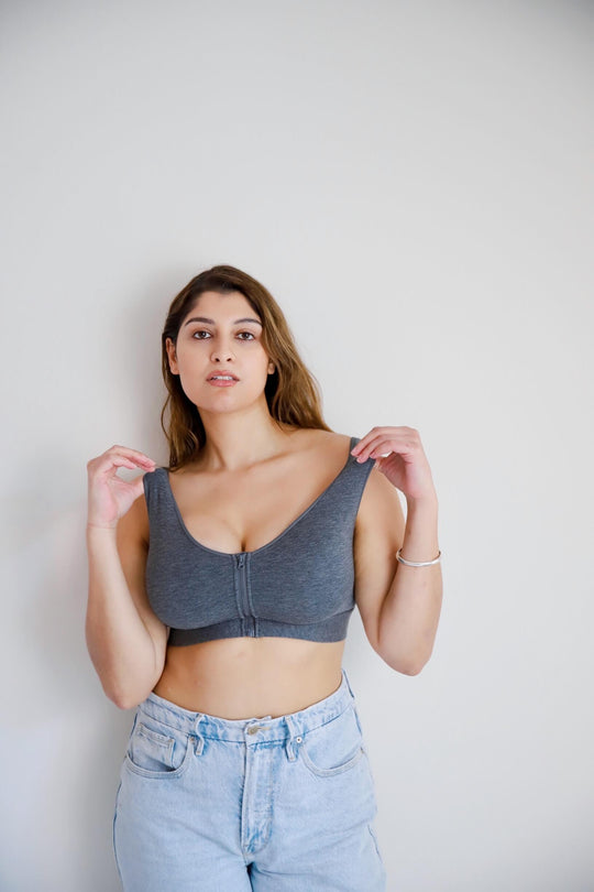 Grey front-closure cotton bralette with scoop neckline and adjustable straps