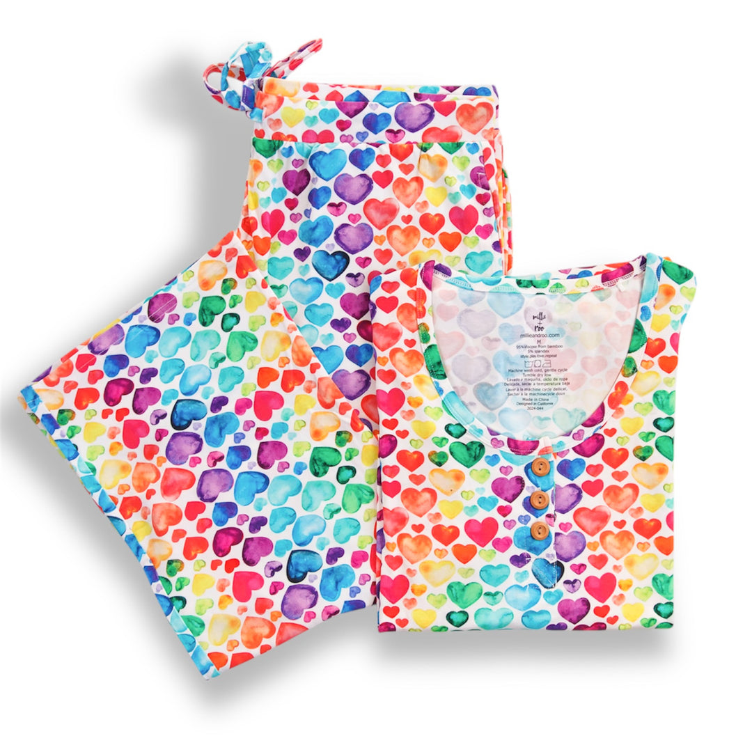 Rainbow hearts pajama set with drawstring shorts and long-sleeve top