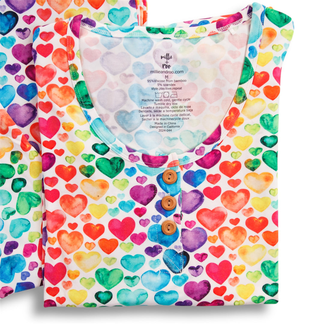 Rainbow hearts pajama top with henley button placket and long sleeves