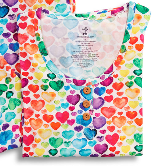 Rainbow hearts pajama top with henley button placket and long sleeves