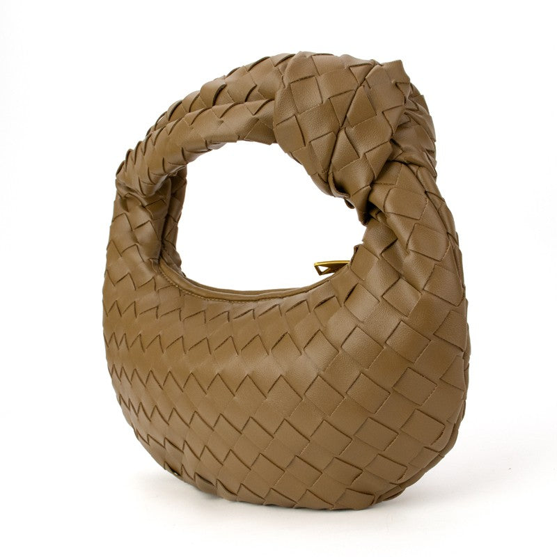 Khaki knotted woven handbag, loop handle, woven braid and lattice texture