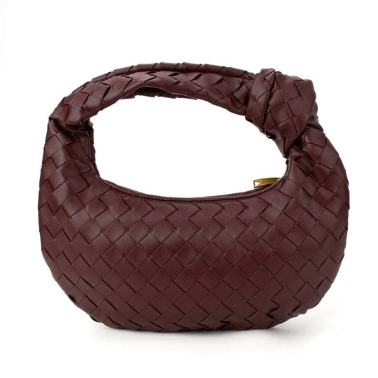 Knotted woven handbag in cranberry, braided knot handle, woven pattern