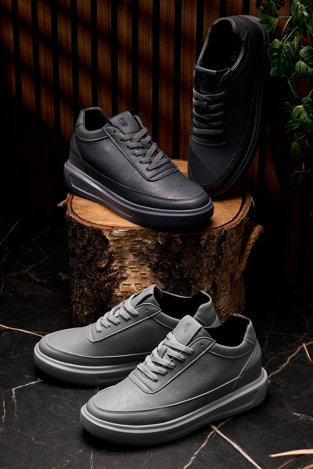 Iron grey lace-up sneakers with thick sole and side logo detail