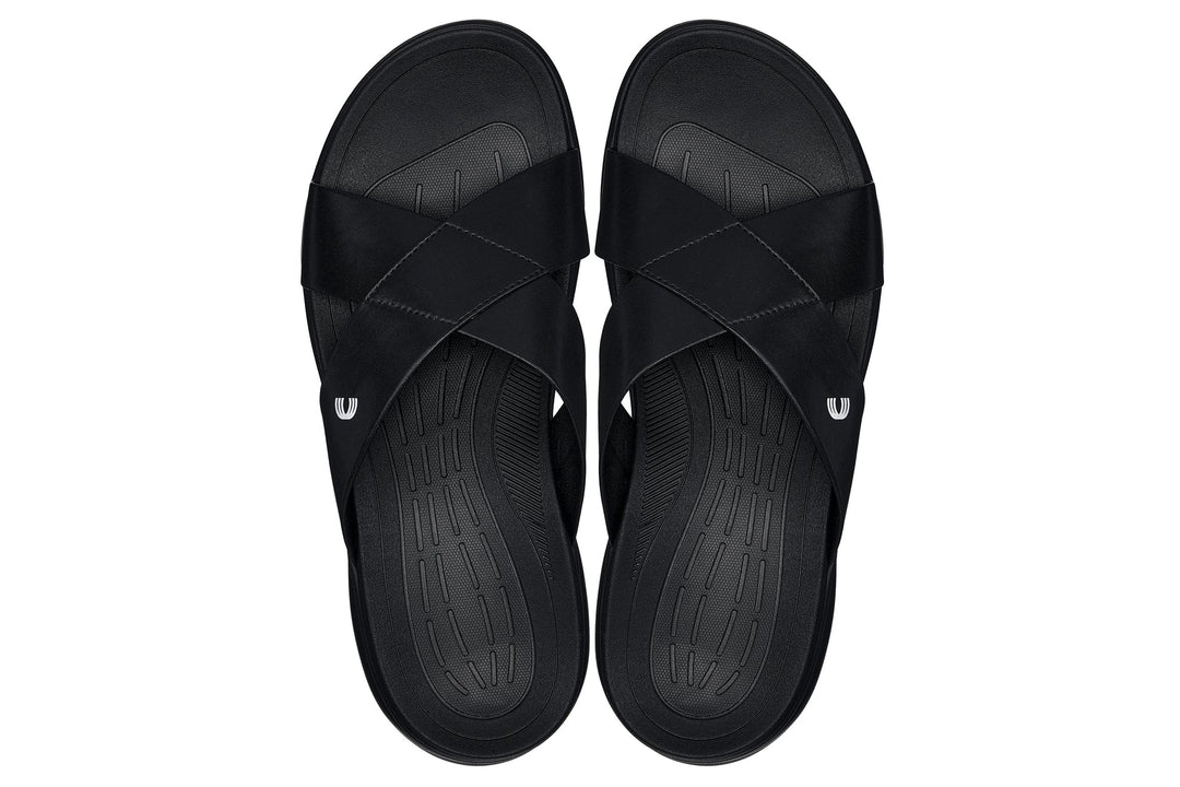 Black matte slide sandals showing both textured outsoles and cushioned insoles.