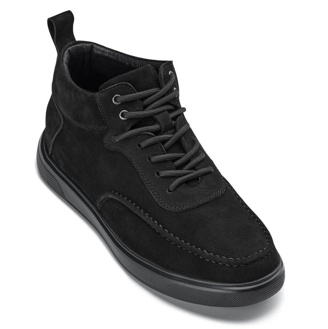 CALTO moc-toe sneaker boots in black nubuck suede, lace-up with padded collar