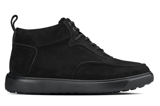 Black nubuck suede moc-toe lace-up sneaker boot with textured sidewall sole