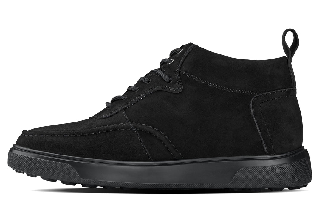 Black nubuck suede lace boot with moc-toe stitching and low-profile rubber sole