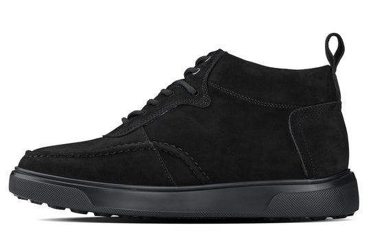 Black nubuck suede lace boot with moc-toe stitching and low-profile rubber sole