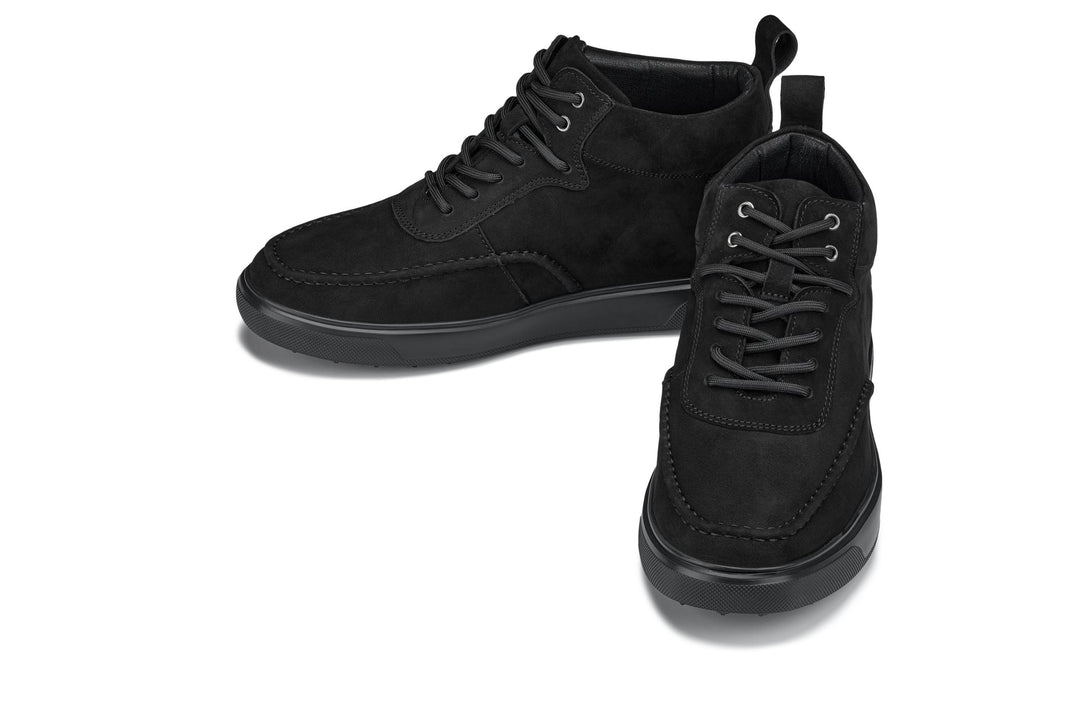 Black nubuck suede moc-toe sneaker boots, side angle with stitched panels