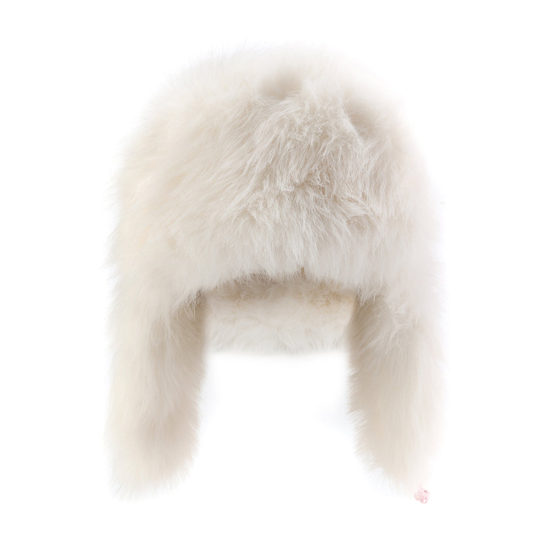 Lei reversible fur trapper hat, white exterior, with ear flaps and ties