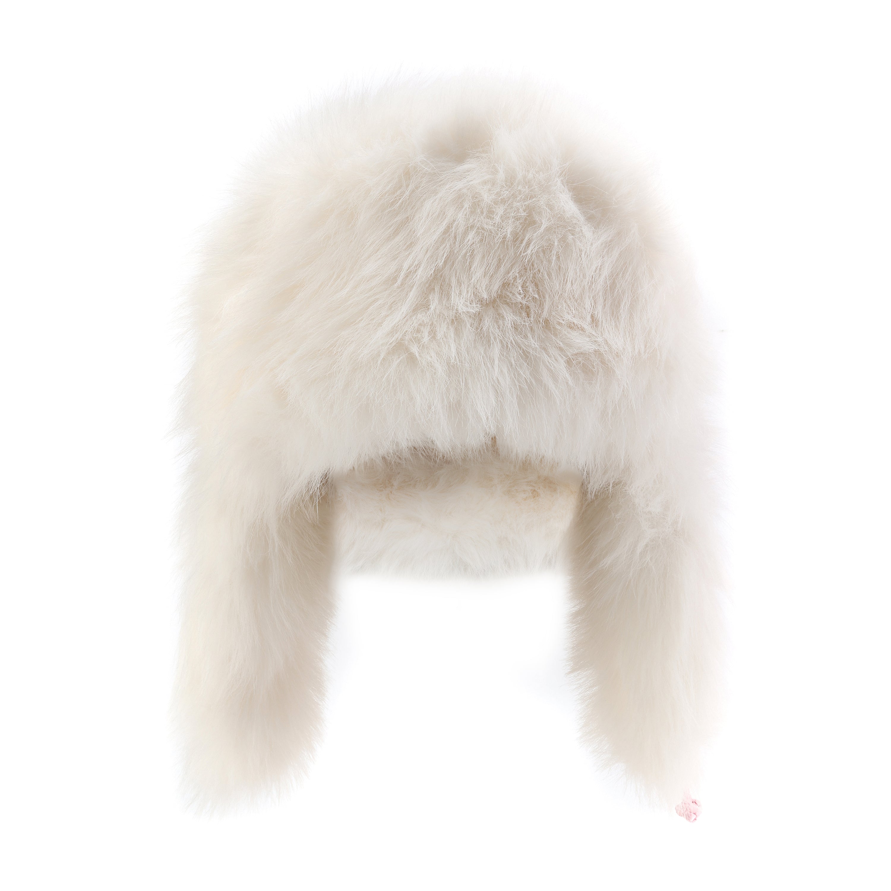 Lei reversible fur trapper hat, white exterior, with ear flaps and ties