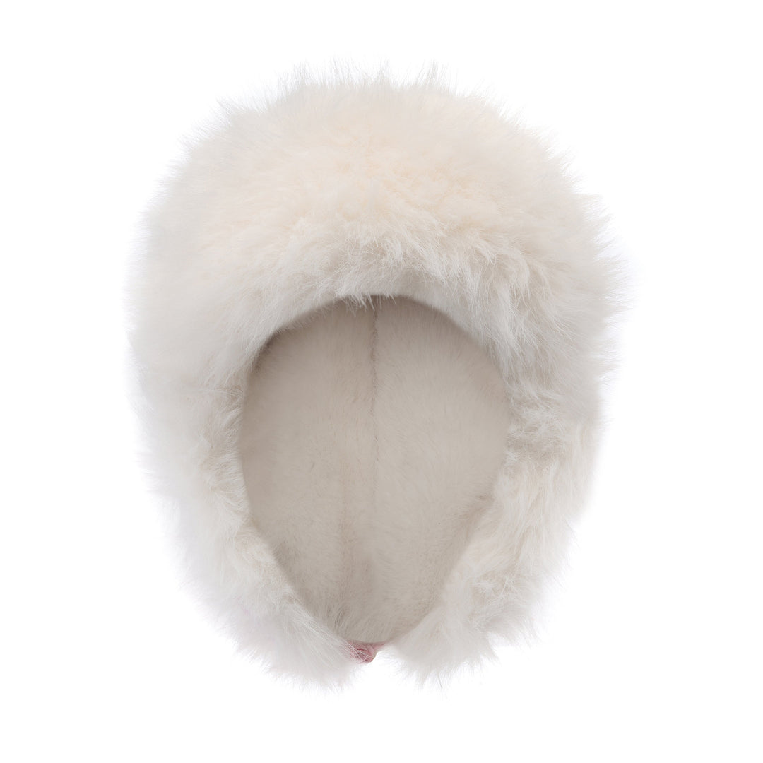 White faux-fur trapper hat, full ear coverage with open face panel