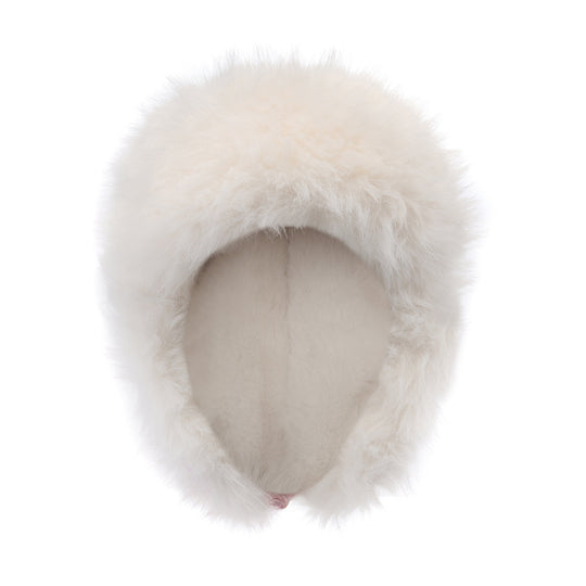 White faux-fur trapper hat, full ear coverage with open face panel