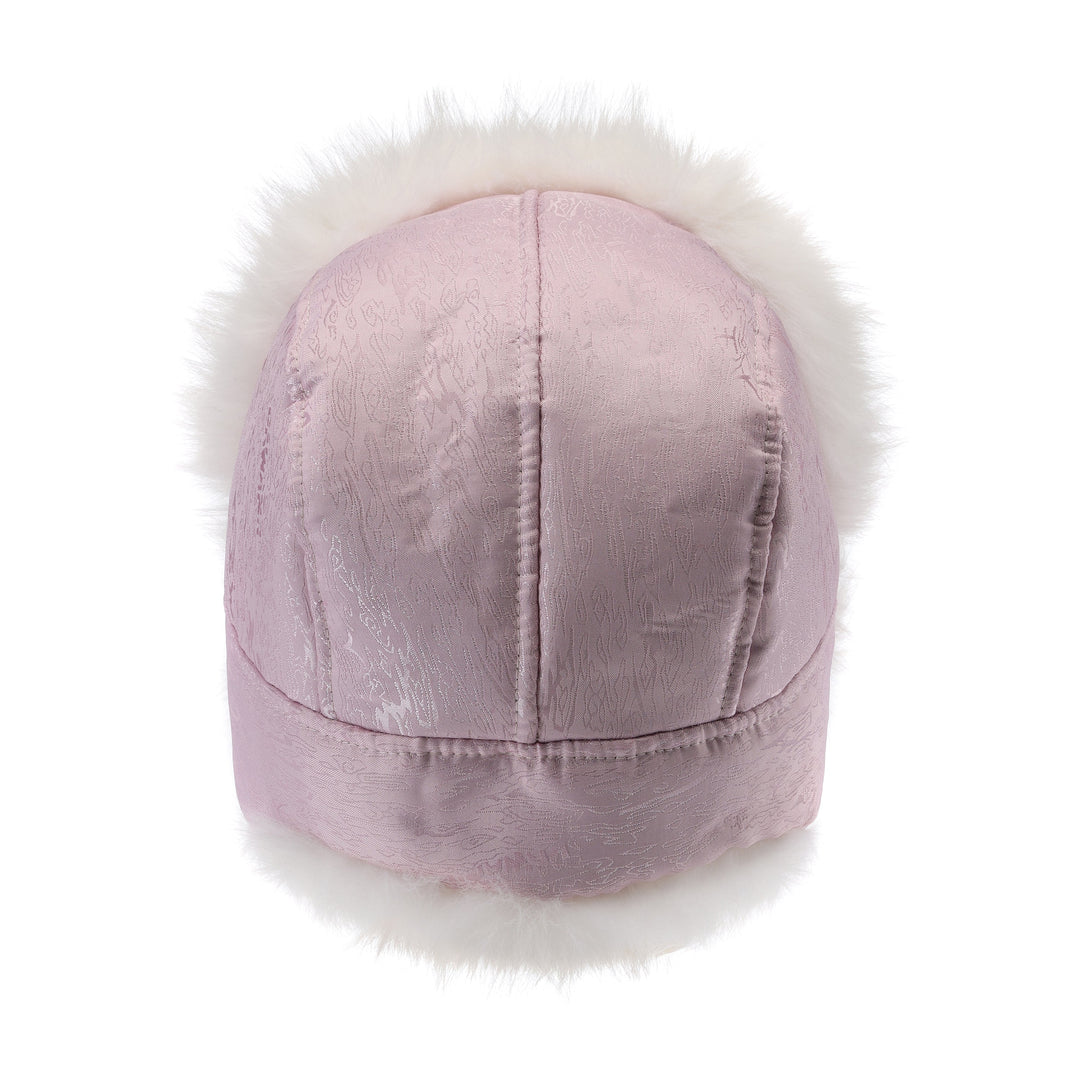Reversible fur trapper hat in pale pink, satin-like lining with faux-fur trim