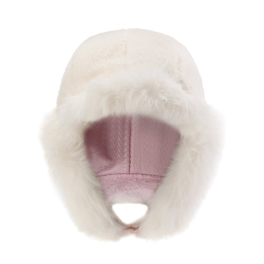 Pink-lined trapper hat reverse side, faux-fur trim around face opening