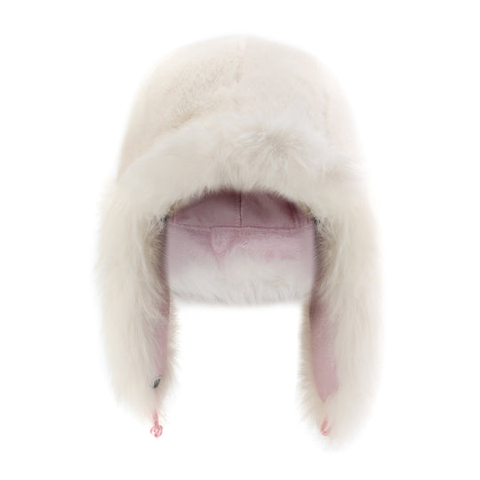 White faux-fur trapper hat reverse side: pale pink lining and long ear flaps