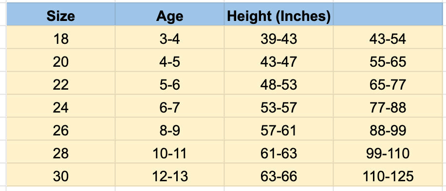 Size chart: kids sizes 18–30 with age and height ranges in inches