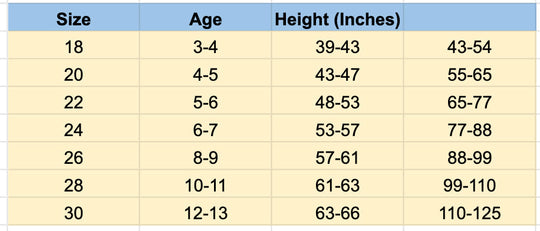 Size chart: kids sizes 18–30 with age and height ranges in inches